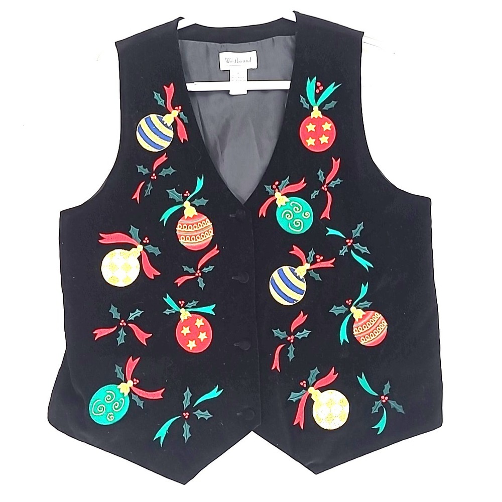 Velvet Christmas Vest Embroidered Ornaments Holly Leaves Sz L Unisex
